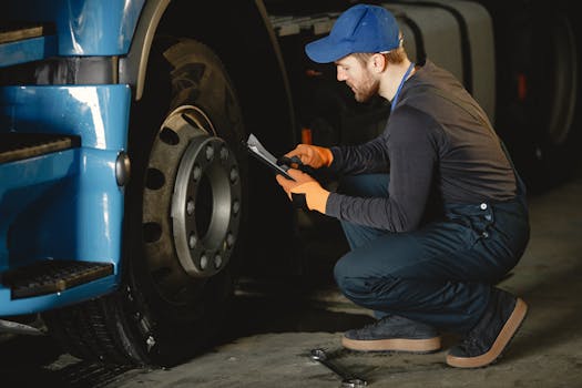 pexels-photo-6720537-6720537 Mechanic checking a truck's wheel using a tablet in an indoor garage setting.